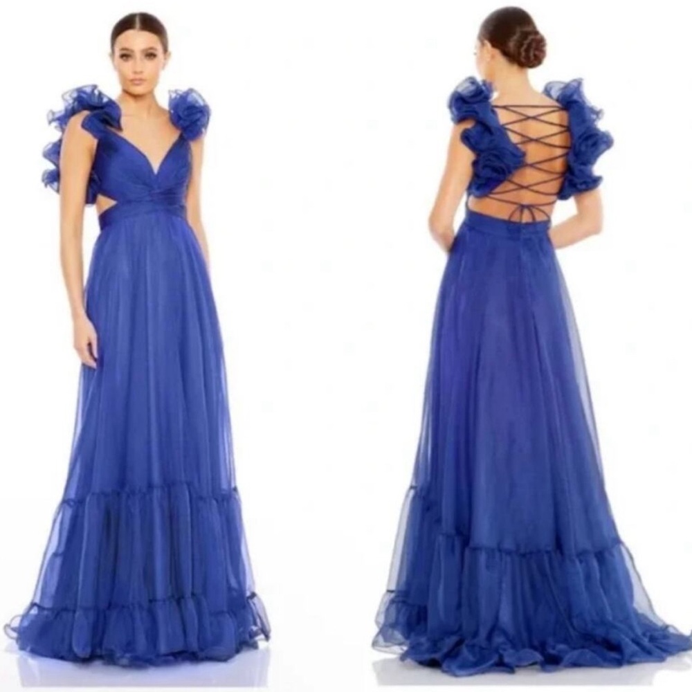Mac Duggal Royal Blue Ruffled Lace-Up Back Evening Gown